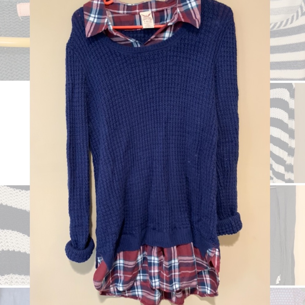 Navy Sweater w/ Red Plaid Accent